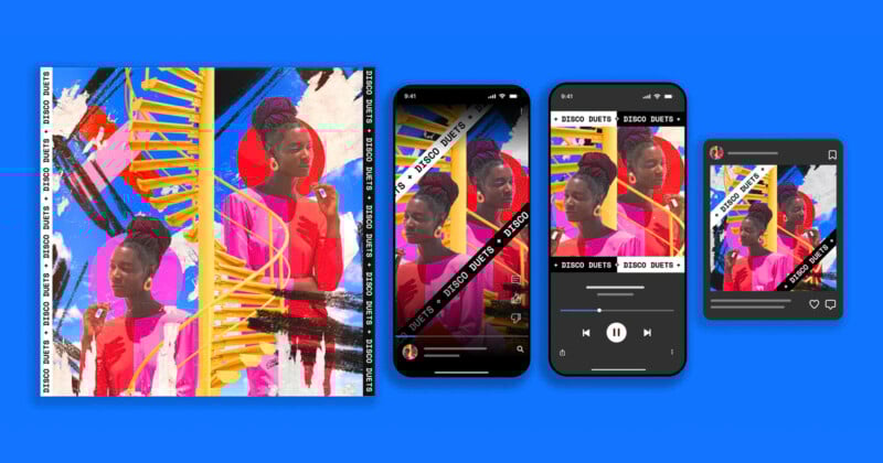 Collage featuring a woman in a pink top with a colorful abstract background. The image is displayed on various digital devices, including smartphones and a tablet, showcasing a music player interface. The background is bright blue.