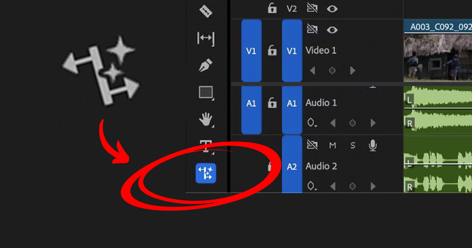 A video editing timeline interface features audio and video tracks. A red circle and arrow highlight an icon resembling a star with arrows. The icon is situated in a row of tools on the timeline.