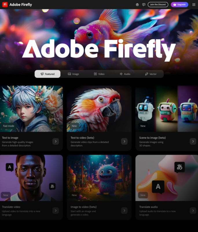 Screenshot of Adobe Firefly homepage showcasing AI features like text-to-image and text-to-video generation. The interface includes vibrant images of a parrot, robots, a mystical creature, and a digital painting of a person. Various tools are displayed in categories.