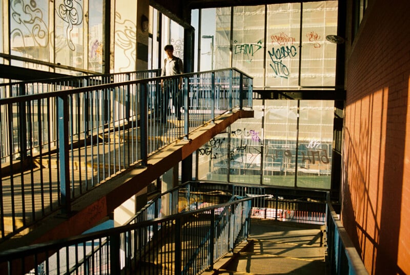 A person walks along an urban pedestrian bridge with multiple ramps, surrounded by large windows covered in graffiti. Sunlight streams through, casting shadows on the railings and walls.