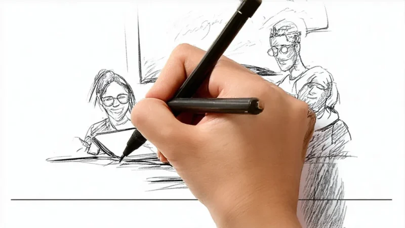 A hand is sketching a black and white drawing of three people. One person is holding a book, another is wearing glasses, and the third has their eyes closed. The drawing has a realistic style.