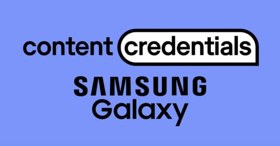 Text on a blue background reads "content credentials" with "credentials" in a rounded rectangle, and "Samsung Galaxy" below in bold black font.