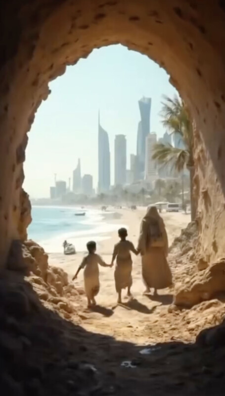 A person and two children hold hands, walking through a cave-like opening towards a sunny beach. Modern skyscrapers and palm trees line the shore in the background.