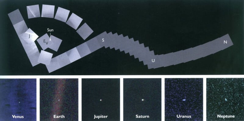 Composite image of the solar system from the Voyager spacecraft. Top shows positions of planets; bottom has labeled images of planets: Venus, Earth, Jupiter, Saturn, Uranus, Neptune, against a dark space background.