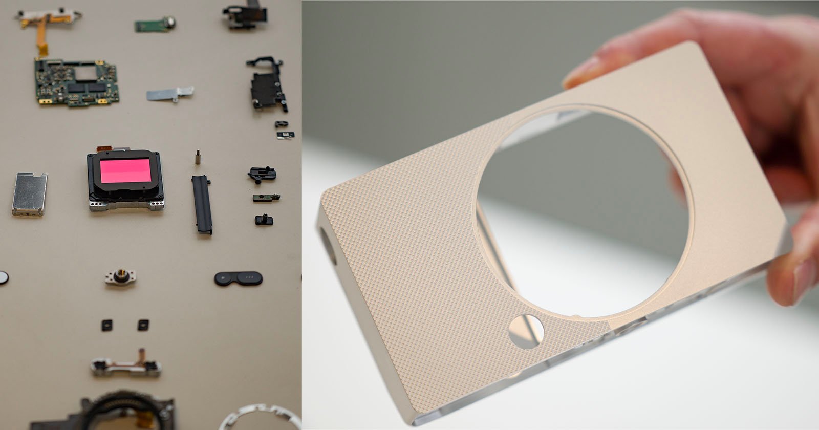 The image shows disassembled electronic components on the left and a hand holding a beige-colored outer camera casing on the right. The casing has a large circular cutout, indicating where a lens may be fitted.