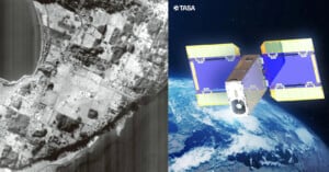 Split image: Left side shows a black-and-white satellite view of a coastal area with fields and buildings. Right side depicts a digital illustration of a colorful satellite orbiting Earth, labeled "TASA.