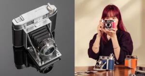 Retro-style camera with bellows on a reflective surface (left). Woman with red hair holding a similar camera while seated at a table with more cameras in front (right).