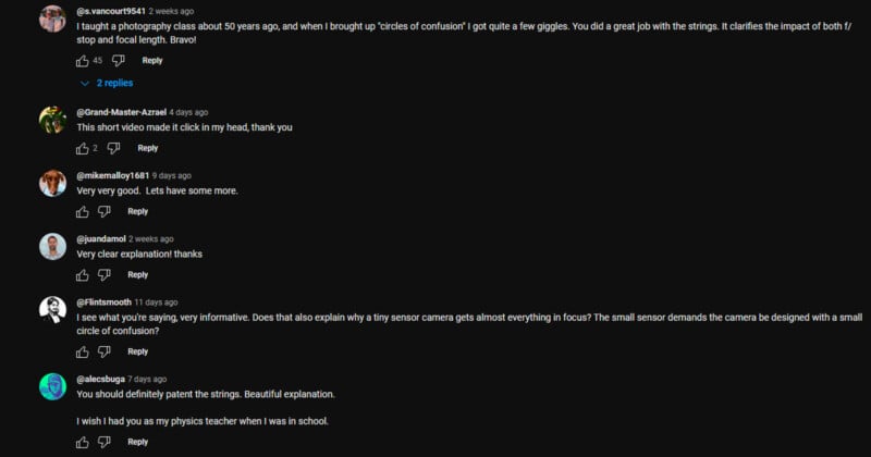 Screenshot of a YouTube comment section. Comments praise a video for explaining a photographic concept. Users mention it triggered memories, was very informative, and suggest the idea should be patented. One user desires such a teacher for school.