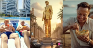 A collage with three images: two people sunbathing near a pool, a giant golden statue of a man in an urban setting, and a person enjoying a meal outdoors. Palms and modern buildings appear in the background.
