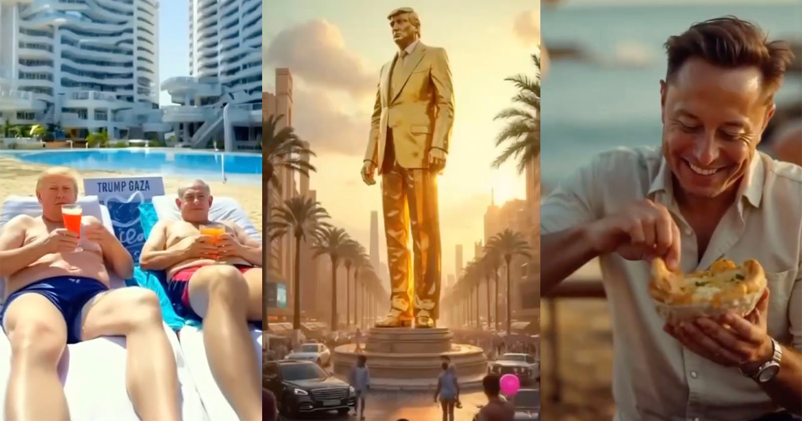 A collage with three images: two people sunbathing near a pool, a giant golden statue of a man in an urban setting, and a person enjoying a meal outdoors. Palms and modern buildings appear in the background.