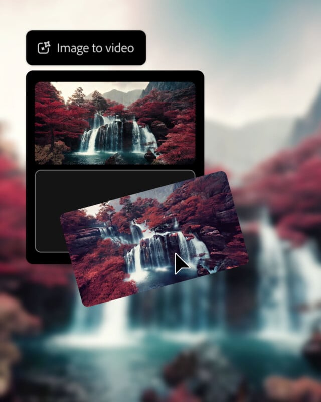 A blurred background of a waterfall with red trees frames two inset images of a similar scene. The top image is rectangular, and the lower one is tilted, with a cursor pointing at it. A "Image to video" label is visible above.