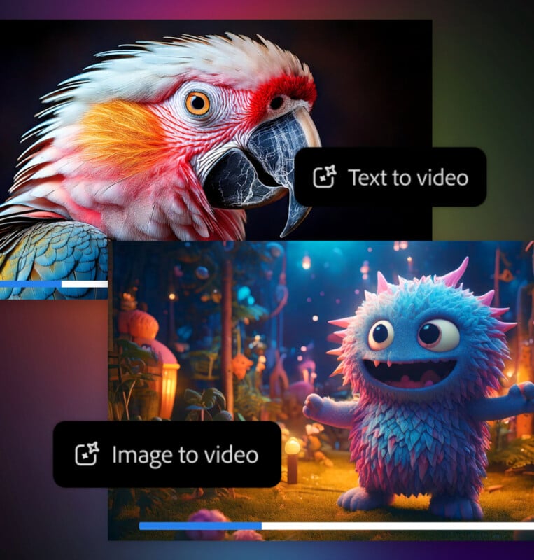 A vibrant digital illustration featuring a detailed parrot with bright feathers. Below, a fuzzy, colorful monster with large eyes is standing joyfully in a whimsical, glowing environment.