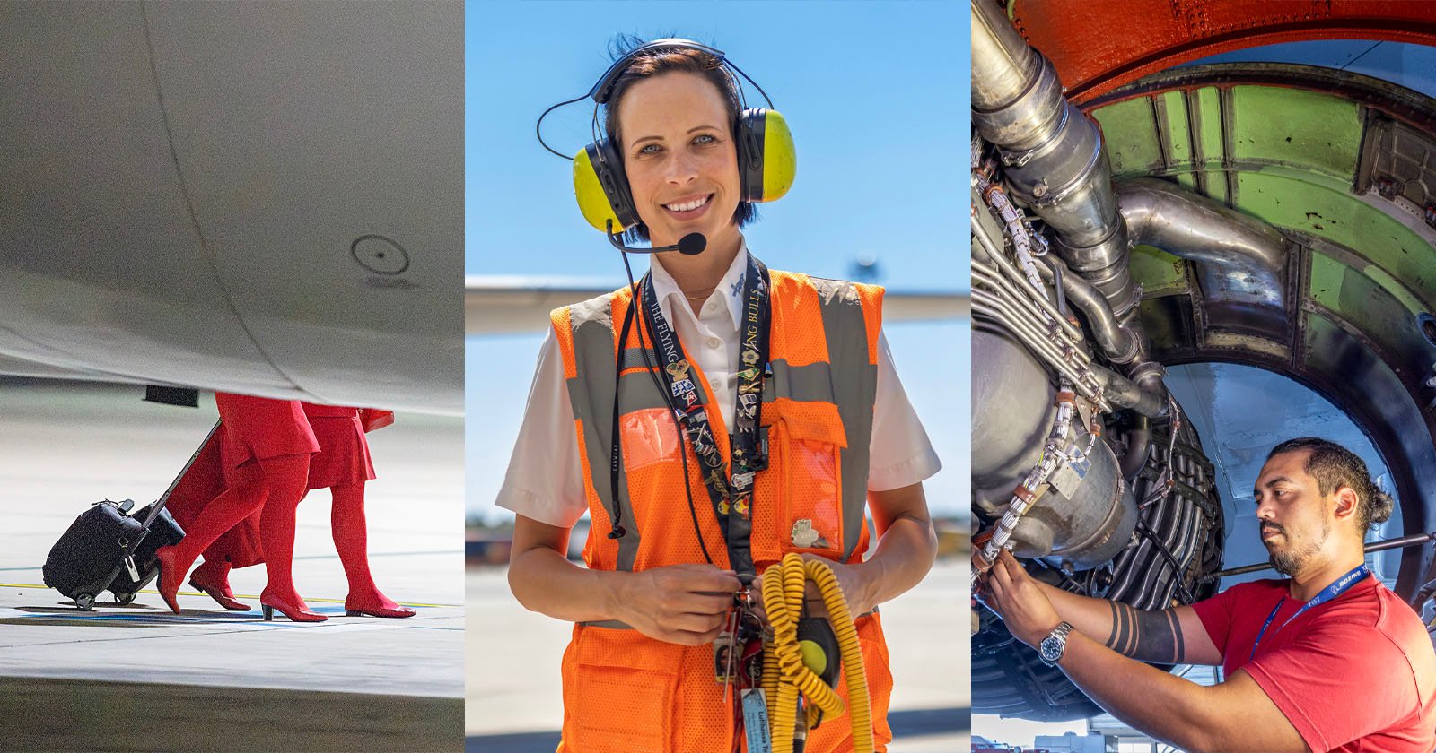 Three-panel image: Left, a person in a red outfit and heels walks on the tarmac with a small suitcase. Center, a smiling airport worker with earmuffs and an orange safety vest holds a cord. Right, a worker inspects an aircraft engine.