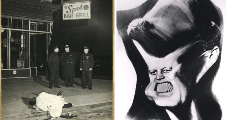 Left side: Two officers and a man stand near a body outside a bar with a "Spoto Bar & Grill" sign. Right side: Distorted abstract image resembling a person's face with exaggerated features.