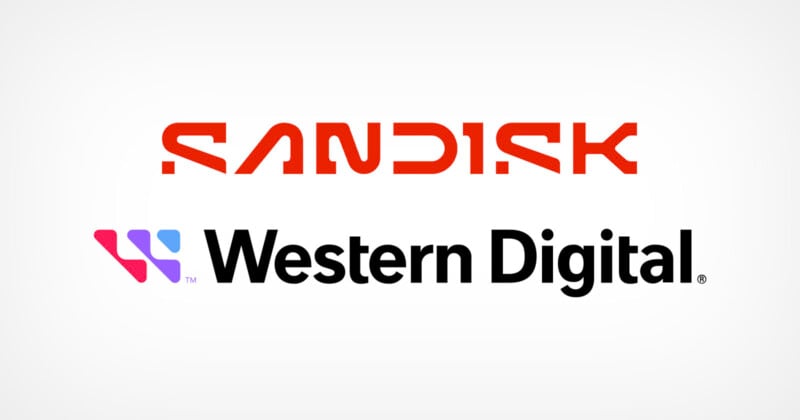 Logo of SanDisk in red font above the logo of Western Digital, which features a stylized "W" in purple and blue next to the black text "Western Digital," on a white background.