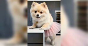 A fluffy Pomeranian wearing a pink tutu stands on its hind legs, front paws resting on a white table in a modern kitchen. The dog looks into the camera with a playful expression.