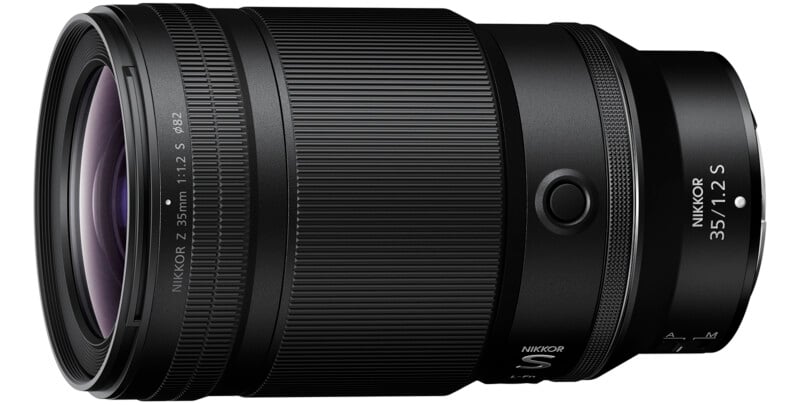 A black NIKKOR Z 35mm f/1.2 S camera lens with ribbed grip and control ring. The lens features focus and aperture markings, an "A/M" switch, and a large front glass element. It's designed for Nikon Z series cameras.