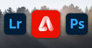 Icons for Adobe Lightroom, Photoshop, and Firefly displayed against a backdrop of trees with sunlight filtering through.