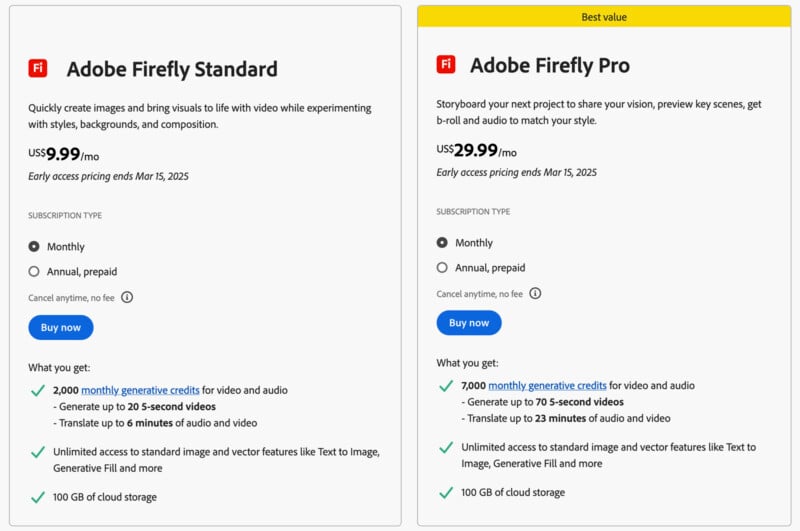 Comparison of Adobe Firefly Standard and Pro plans. Standard: $9.99/month, 1000 credits/month, up to 25s videos, text to image/audio. Pro: $29.99/month, 7000 credits, up to 3m videos, includes Firefly 3D, 100 GB cloud storage for both.