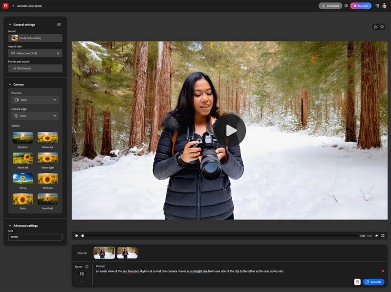 A person in a winter jacket stands on a snow-covered path surrounded by tall trees. Holding a camera, they look downward, focusing on the equipment. The scene is peaceful and serene, with soft sunlight filtering through the trees.