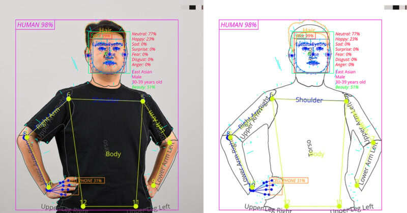 A man wearing a black t-shirt stands with arms at his sides. The image is overlaid with annotated data such as "human 98%" and details about attributes like "neutral 77%." Various body parts are labeled, with percentages, on a white background.