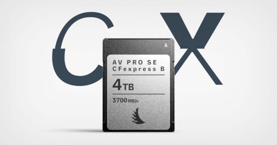 An AV PRO SE CFexpress B memory card with a capacity of 4TB is displayed against a light background. The card features a transfer speed of 3700 MB/s and a logo with a bird silhouette. Large letters "C" and "X" are in the background.