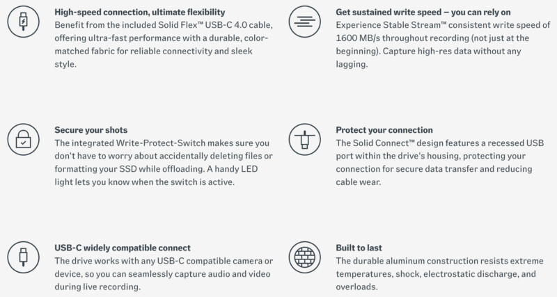 Image showing six boxed features of a storage device. Highlights include high-speed connectivity, consistent write speed, secure write protection, stable connection, USB-C compatibility, and durable aluminum construction.