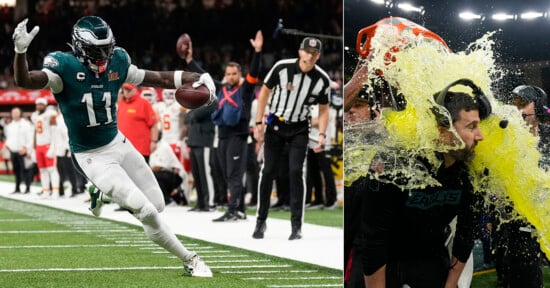 On the left, a football player in a green uniform stretches into the end zone. On the right, a coach in black Eagles gear is doused with yellow liquid from a cooler. An official and a crowd are visible in the background.