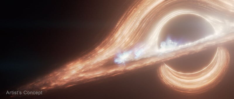 Artist's concept of a black hole surrounded by a swirling accretion disk. The disk emits bright, streaking light, producing a mesmerizing, glowing effect against the dark space background.