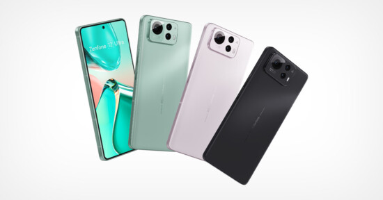 Four smartphones are displayed against a white background. From left to right: a phone with a visible screen displaying "Zenfone 12 Ultra," and three phones showing their backs in green, pink, and black colors, each featuring dual cameras.