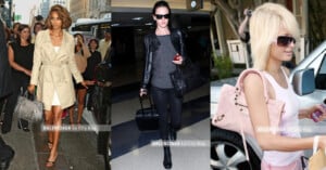 Three fashionably dressed women in different settings, each carrying a Balenciaga Le City Bag. The first in a beige trench coat outdoors, the second in a black outfit at an airport, and the third in a white top with sunglasses outside.