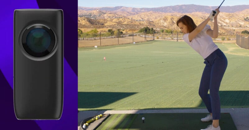 A woman in a white shirt and blue pants is preparing to hit a golf ball on a green driving range with mountains in the background. To the left, there is a close-up of a black cylindrical device on a purple background.