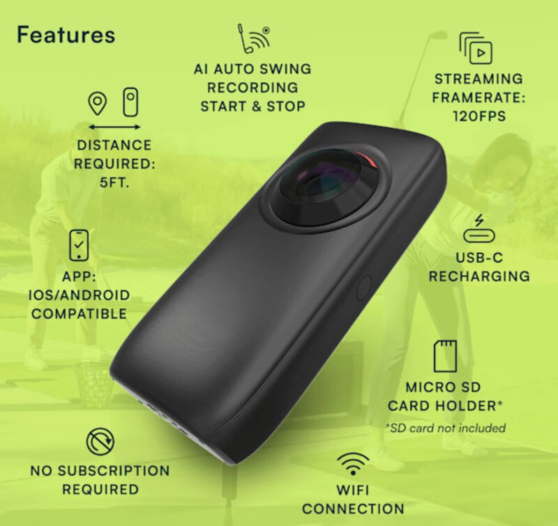 A compact black device is highlighted against a lime green background with golf imagery. Features listed: AI auto swing recording, 5ft distance, app compatibility, no subscription, streaming at 120fps, USB-C charging, micro SD slot, and WiFi connection.