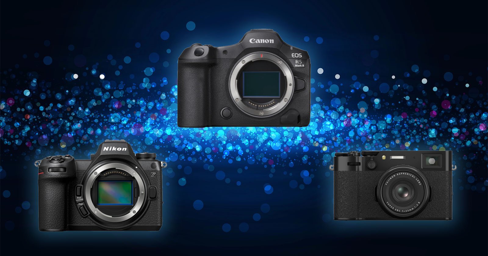 Three digital camera bodies on a blue bokeh background. Top center: Canon EOS R5. Bottom left: Nikon Z series. Bottom right: Fujifilm rangefinder-style camera.