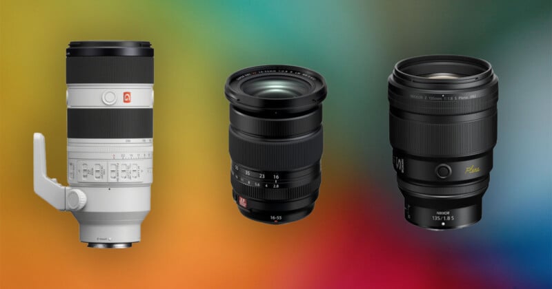 A colorful background showcases three camera lenses: a white telephoto lens with a tripod mount, a wide-angle zoom lens with a red marking, and a black lens labeled "125mm 1.25." The lenses are arranged side by side.