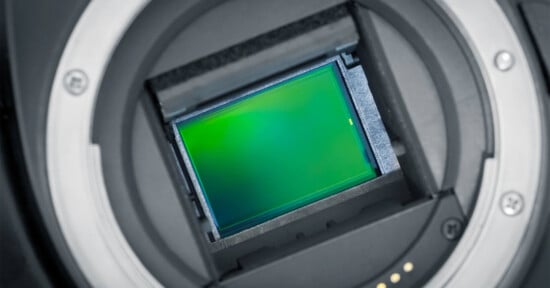 Close-up of a digital camera sensor with a green hue, surrounded by the camera's internal casing. The sensor is rectangular and prominently featured at the center of the image.