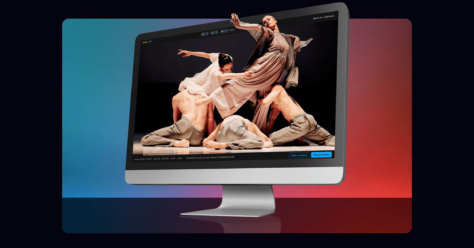 A computer screen displays a dynamic scene of four dancers in flowing outfits. The dancers are artfully posed, conveying movement and grace. The background is a gradient of blue and red hues.