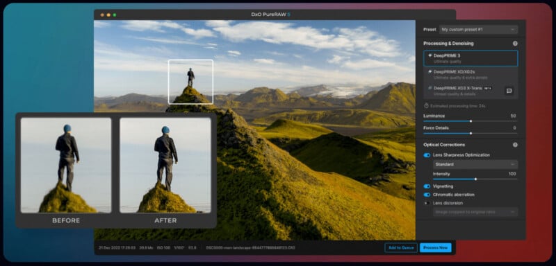 Screenshot of photo editing software showing a hiker on a mountain. The interface displays editing options on the right, with a focus on processing and optical corrections. A "Before and After" comparison at the bottom highlights image enhancements.