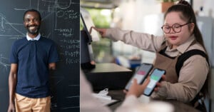 On the left, a man with one arm in a navy shirt smiles against a chalkboard. On the right, a woman wearing glasses and a beige apron assists a customer holding a smartphone at a counter.