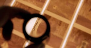 A magnifying glass is held over a wooden surface, focusing on the brand name "PORTRA" etched into the wood. The background shows a pattern of wooden panels.