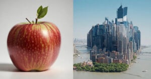 A red apple with a leaf on its stem on the left, and a futuristic cityscape on an island surrounded by water on the right.