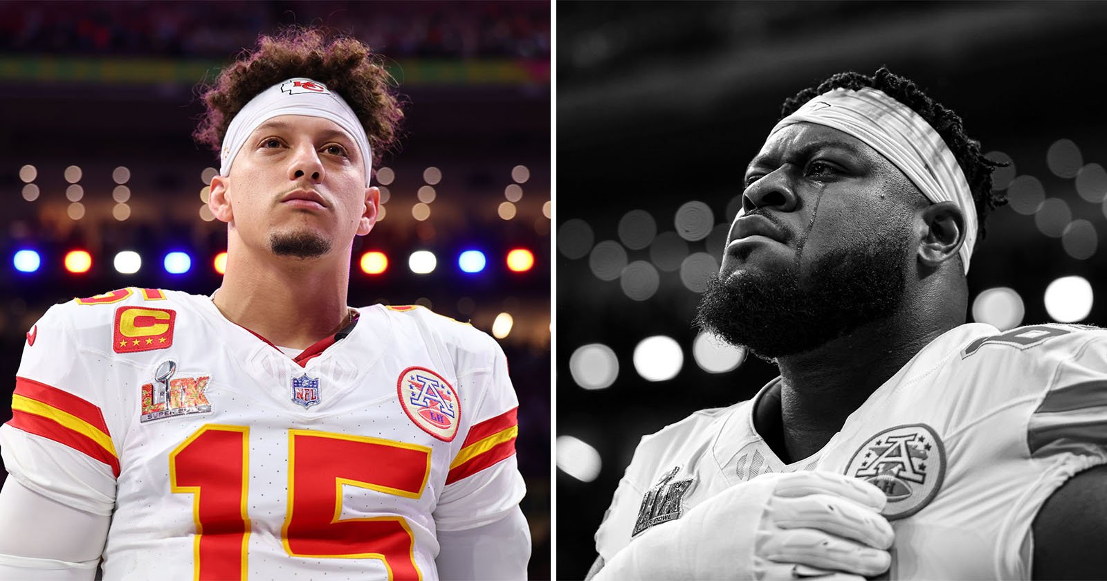 Split image showing two American football players in uniform. Left: Player in color wearing a white jersey with number 15 and a headband. Right: Black and white image of another player looking upward, wearing a headband and a jersey.