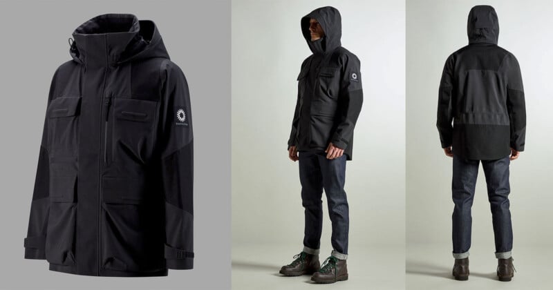 Three views of a black hooded jacket: on the left, a close-up showing pockets and branding; in the center, a person wearing the jacket from the side; on the right, the person shown from the back. The jacket features a logo on the sleeve.