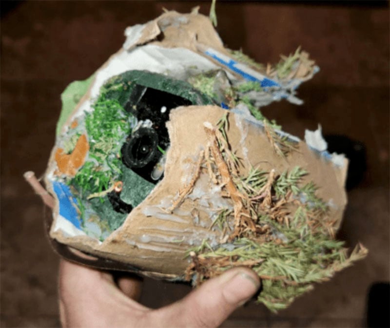 A hand holding a makeshift device covered in cardboard, foliage, and tape, revealing a small camera lens inside.