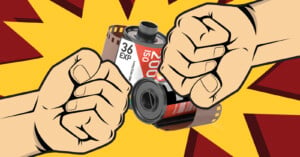 Two cartoon fists poised for a fist bump, with a film reel labeled "36 EXP" and "ISO 200" in the background. The design features a starburst pattern in yellow and red.