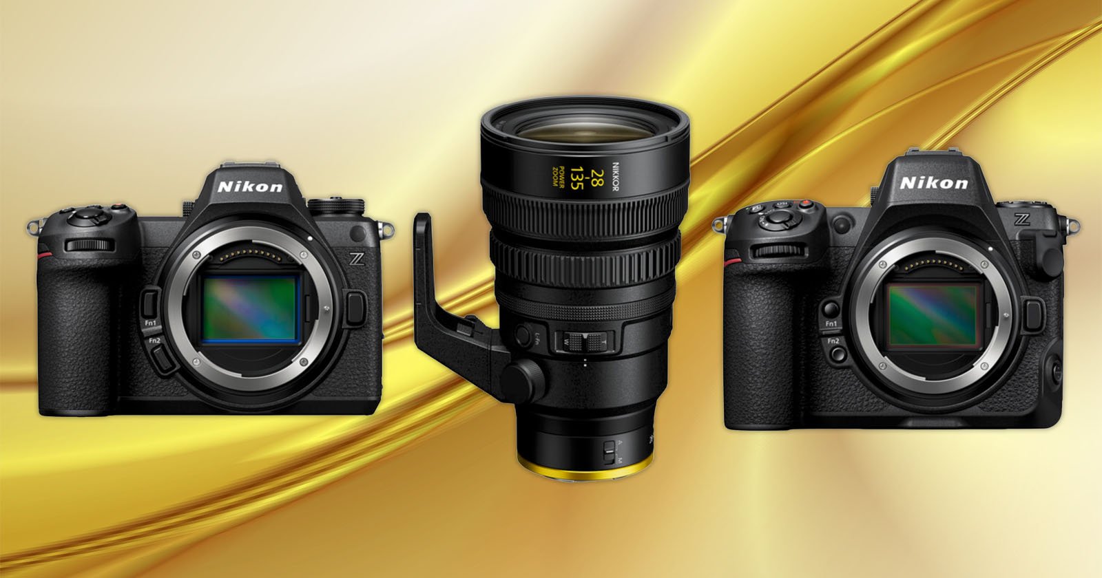 Two black Nikon Z series cameras are displayed with a Nikon 35mm lens between them, all against a glossy gold background. The cameras and lens are prominently featured.