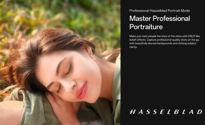 A person with closed eyes is lying on grass, appearing relaxed and content. They are wearing a green top. The text promotes Hasselblad's portrait mode, emphasizing DSLR-like bokeh effects and professional-quality photos.