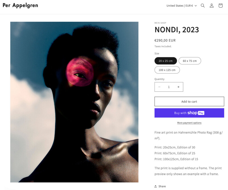 The image shows an art print titled "Nondi, 2023" by Per Appelgren. It features a stylized portrait of a person with dramatic shadowing across their face and a pink highlight over one eye. The artwork is displayed on an online shop page.