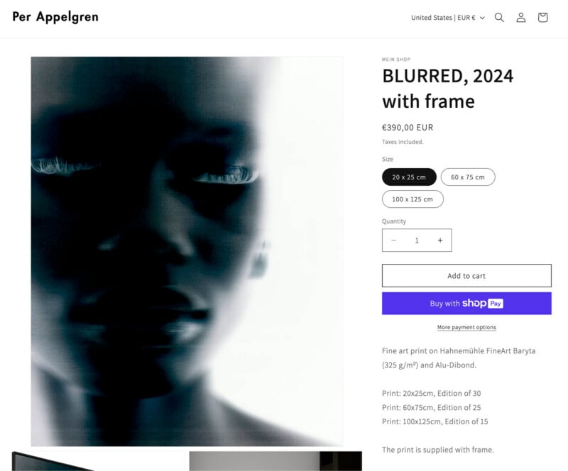 A digital storefront displaying a blurred black and white image of a person's face on the left. On the right, details list the title "BLURRED, 2024 with frame," pricing in EUR, and available print sizes with purchase options.