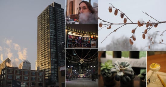 Collage of urban and nature scenes: a tall building against the sky, a person exhaling vapor, a "Big Secret Theatre" sign, snow-covered branches, city streetlights at night, close-ups of a succulent, and a dessert in a bowl.